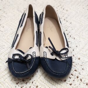 COLE HAAN Women’s Navy Blue White Leather Slip-on Boat Shoes